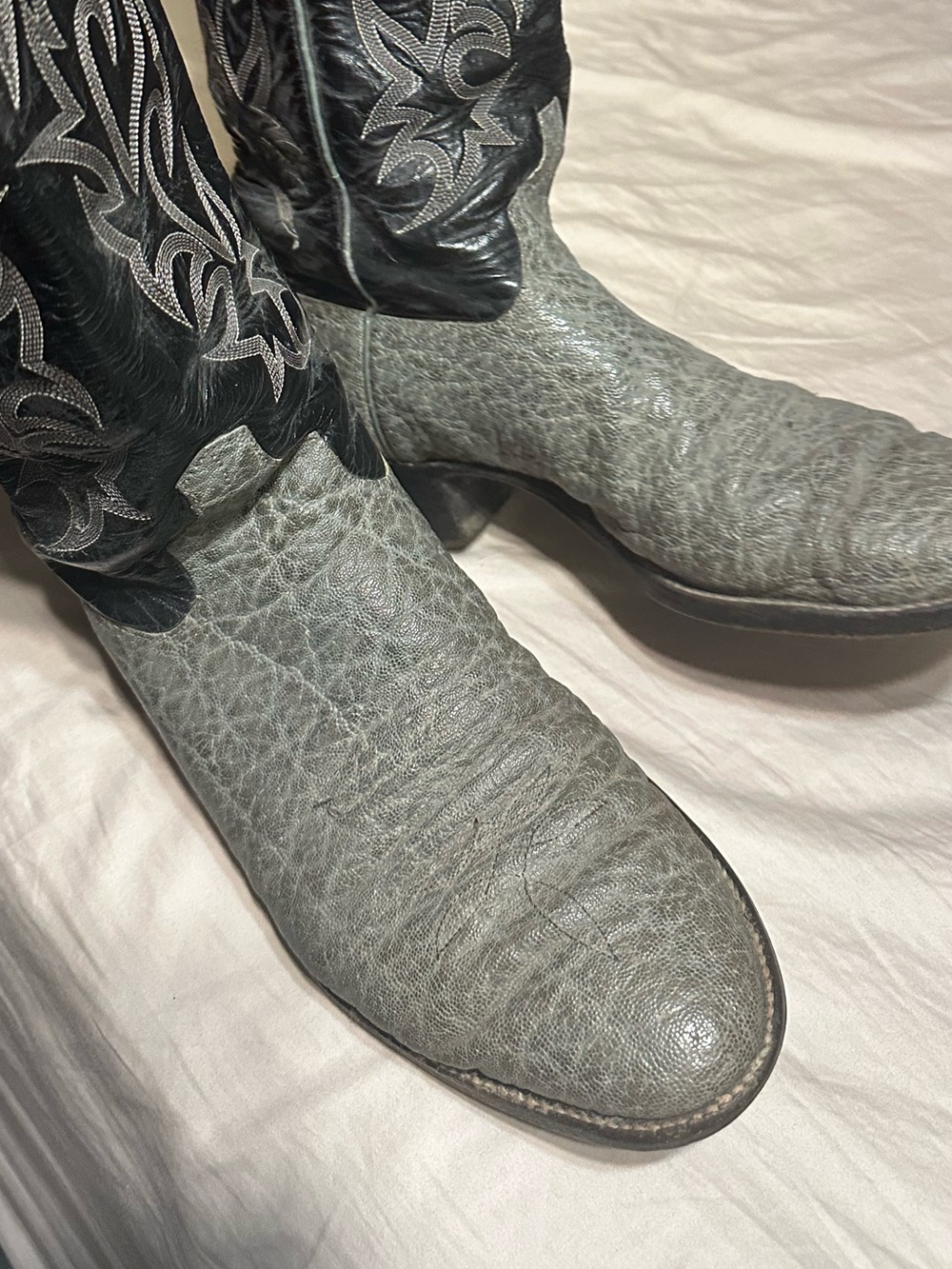Larry Mahan Gray Elephant Foot with Black Leather Embroidered Shaft Cowboy Boots - Picture 13 of 16